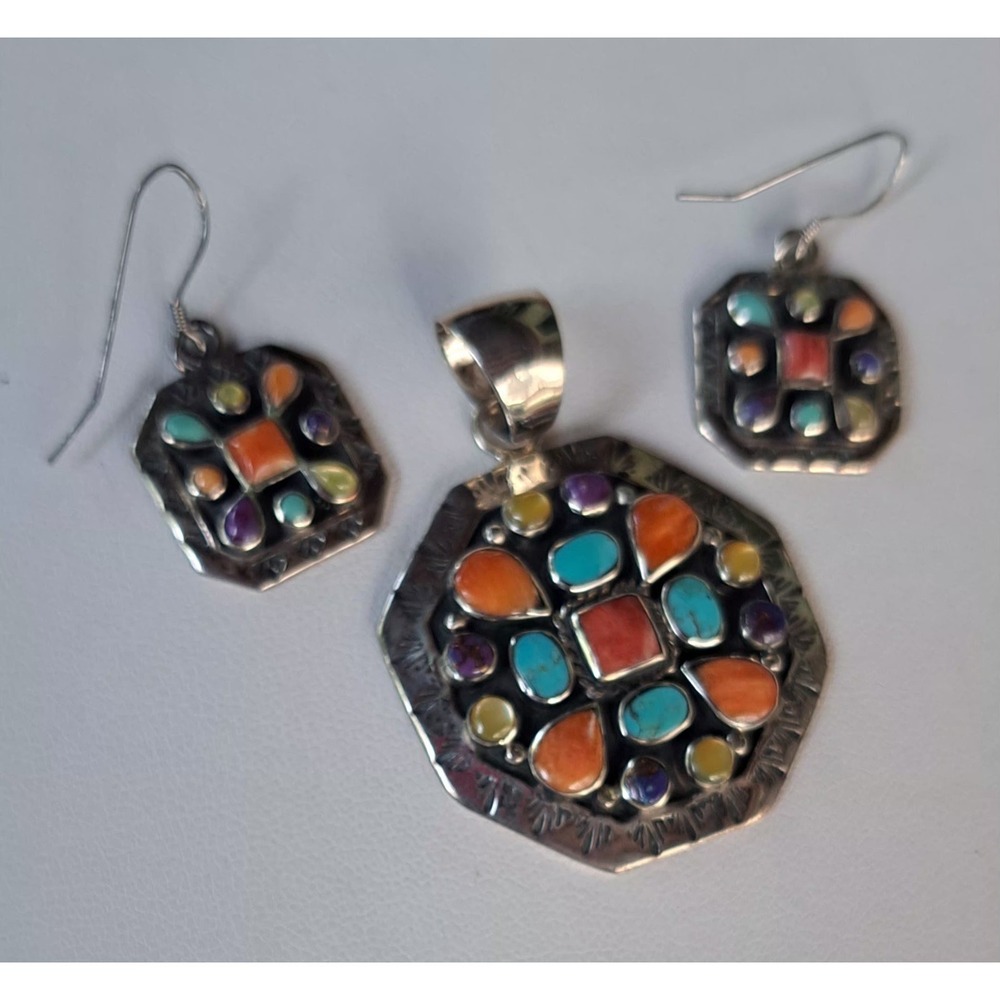 Santa Fe Sterling Mojave Purple Turquoise Spiny Oyster MOP Pendant Earrings Set